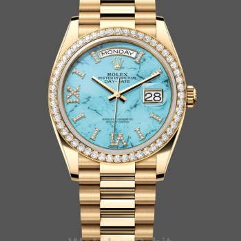Replique Rolex Day-Date 36mm Unisex-128348RBR-Turquoise Cadran Diamant-Or jaune Turquoise