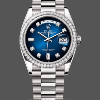 Replique Rolex Day-Date 36mm Unisex-128349RBR 0010-Cadran bleu Ombre-Colonne diamant Bleu