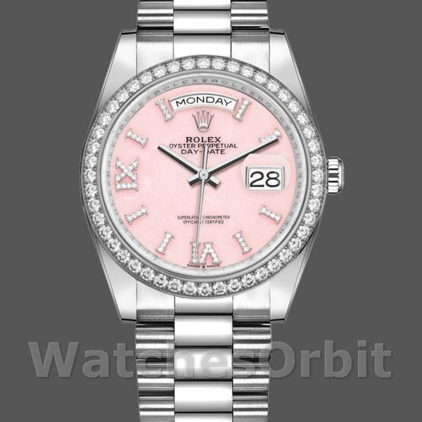 Replique Rolex Day-Date 36mm Unisex-128349RBR-Cadran Opale Rose-Colonne Diamant Rose
