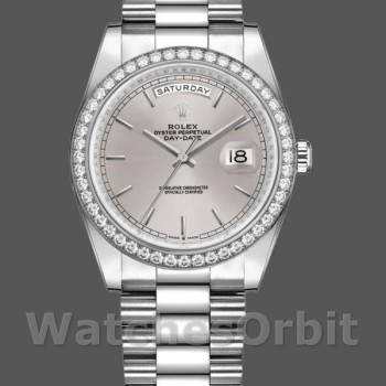 Replique Rolex Day-Date 36mm Unisex-128349RBR-Cadran indexé argenté- Lunette diamant argenté