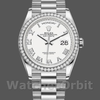 Replique Rolex Day-Date 36mm Unisex-128349RBR-White Roman Dial-Diamond Bezel White unisexe