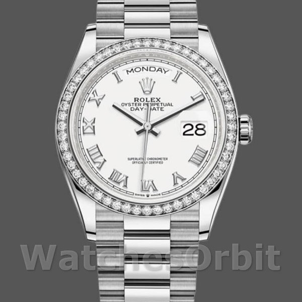 Replique Rolex Day-Date 36mm Unisex-128349RBR-White Roman Dial-Diamond Bezel White unisexe