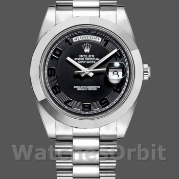 Replique Hommes Rolex Day-Date-218206, 41mm, platine, cadran noir concentrique, Noir Hommes