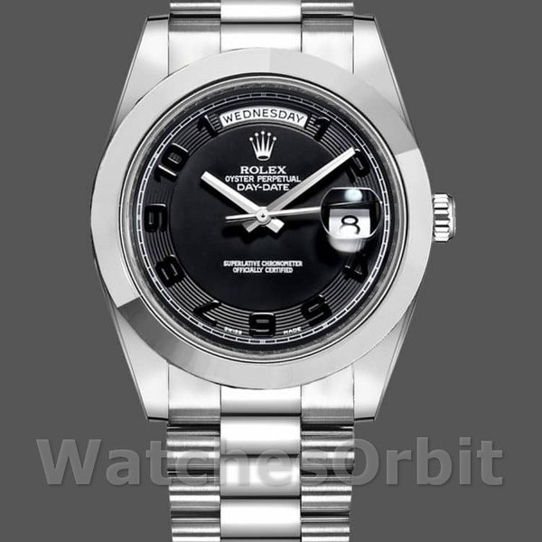 Replique Hommes Rolex Day-Date-218206, 41mm, platine, cadran noir concentrique, Noir Hommes