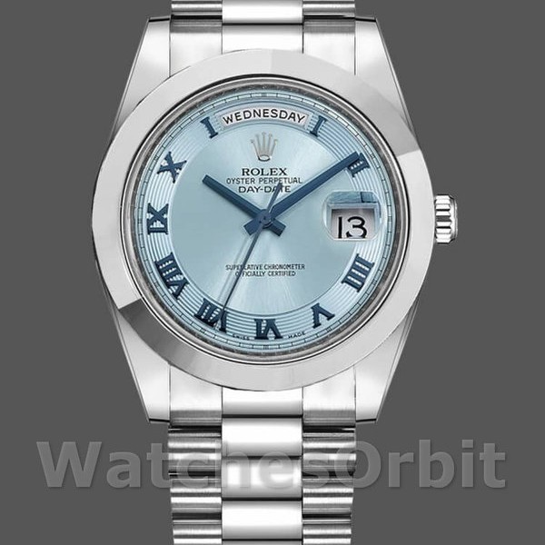 Replique Hommes - Rolex Day-Date-218206, 41mm, platine, cadran bleu glacier à cercle concentrique, Bleu glacier Hommes