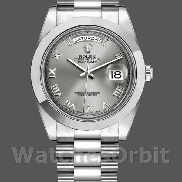 Replique Hommes Rolex Day-Date-218206, 41mm, platine, cadran chiffres romains concentriques gris rhodium, Hommes Gris