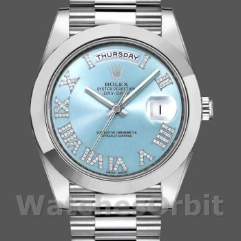 Replique Hommes - Rolex Day-Date-218206, 41mm, platine, cadran romain à diamants bleu glacier, Bleu Homme