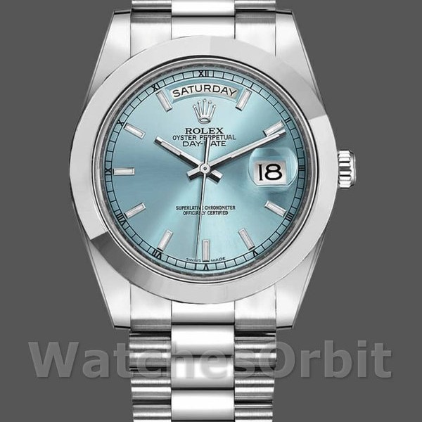Replique Hommes - Rolex Day-Date-218206, 41mm, cadran indexé bleu glacier, platine, Bleu glacier Hommes