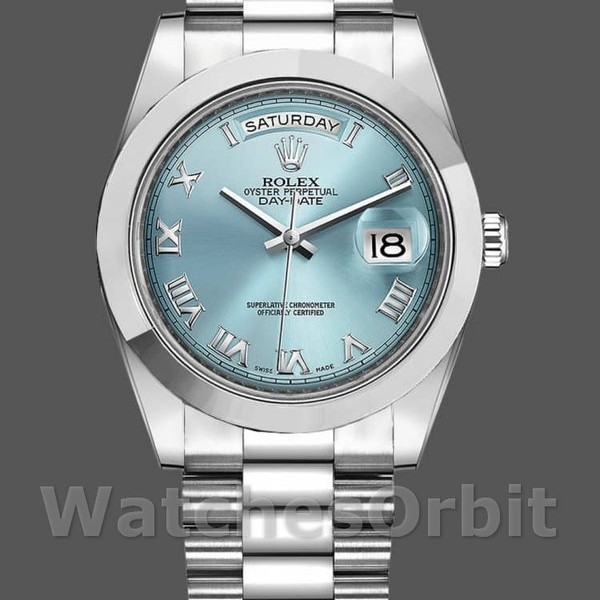 Replique Hommes - Rolex Day-Date-218206, 41mm, cadran chiffres romains bleu glacier, platine, Bleu glacier Hommes