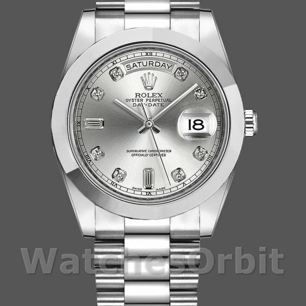 Replique Hommes Rolex Day-Date-218206, 41mm, platine, cadran argenté à diamants, Argenté Hommes