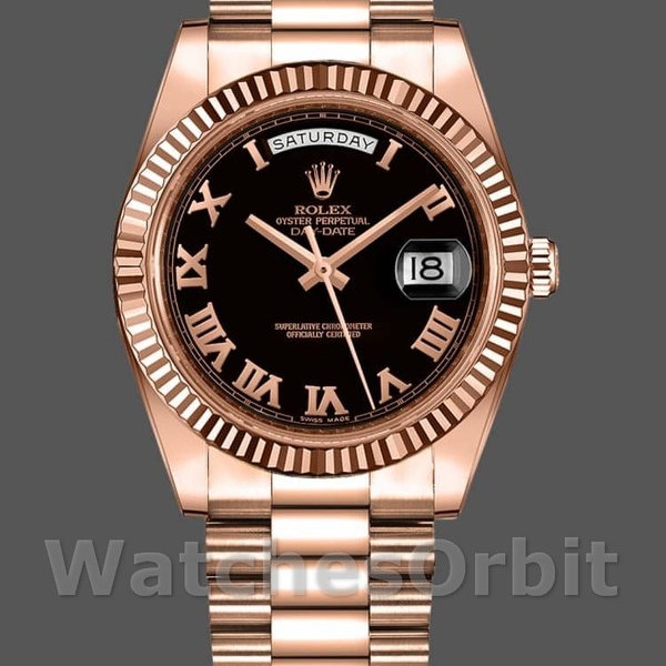 Replique Hommes - Rolex Day-Date-218235, 41mm, or rose, cadran noir à chiffres romains, Noir Hommes