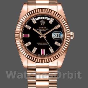 Replique Hommes Rolex Day-Date-218235, 41mm, or rose, cadran noir avec diamants et rubis, Hommes Noirs