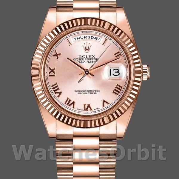 Replique Hommes Rolex Day-Date-218235, 41mm, cadran rose à chiffres romains, or rose, Hommes Rose