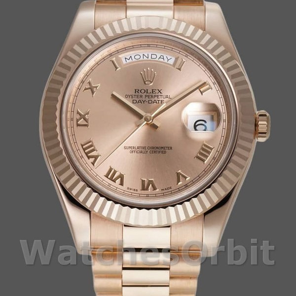 Replique Hommes Rolex Day-Date-218235, 41mm, or rose, cadran romain rose, Hommes Rose