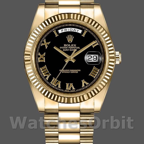 Replique Hommes - Rolex Day-Date-218238, 41mm, or jaune, cadran chiffres romains noirs, Noir Hommes