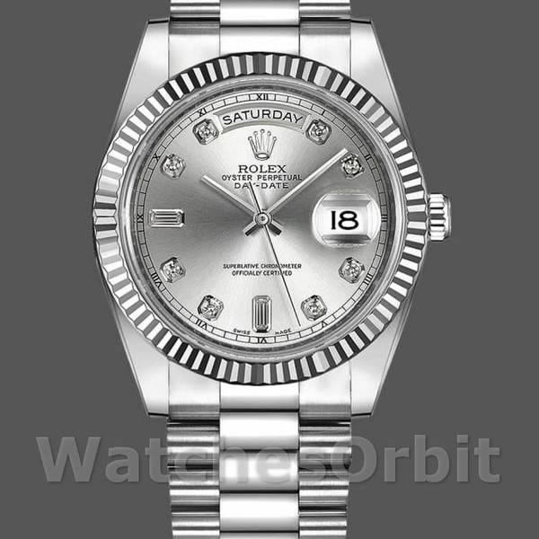 Replique Hommes Rolex Day-Date-218239, 41mm, or blanc, cadran argenté diamanté, Hommes Argent