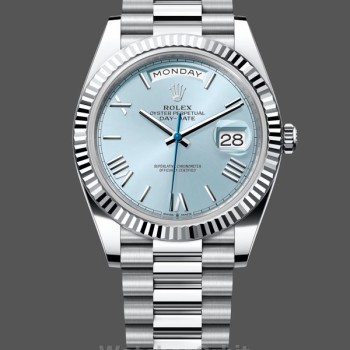 Replique Hommes Rolex Day-Date 40mm Hommes-228236 0012-Cerclage cannelé-Cadran bleu glacier Bleu glacier