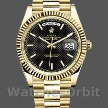 Replique Hommes - Rolex Day-Date-228238, 40mm, cadran noir à motif diagonal, lunette cannelée, Noir Hommes