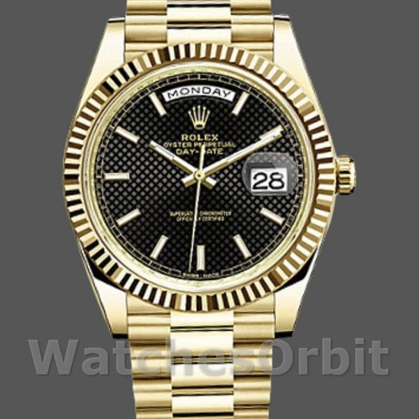 Replique Hommes - Rolex Day-Date-228238, 40mm, cadran noir à motif diagonal, lunette cannelée, Noir Hommes