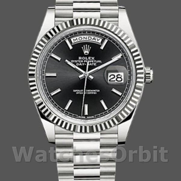 Replique Hommes - Rolex Day-Date-228239, 40mm, cadran index noir, lunette cannelée, Noir Hommes