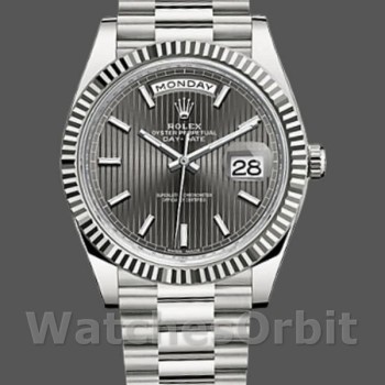 Replique Hommes Rolex Day-Date-228239, 40mm, cadran gris rhodium foncé, lunette cannelée, Gris Hommes