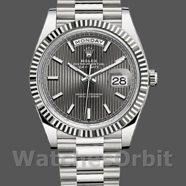 Replique Hommes Rolex Day-Date-228239, 40mm, cadran gris rhodium foncé, lunette cannelée, Gris Hommes