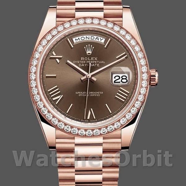Replique Hommes - Rolex Day-Date-228345RBR, 40mm, cadran romain brun chocolat, lunette diamant, Brun chocolat pour hommes