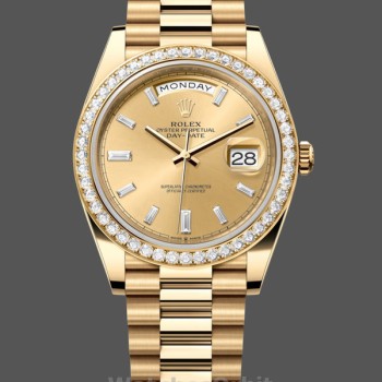 Replique Hommes Rolex Day-Date-228348RBR, 40mm, Champagne, cadran diamanté, lunette diamantée, Hommes Champagne