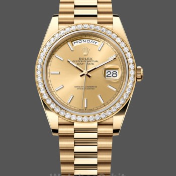 Replique Hommes Rolex Day-Date-228348RBR, 40mm, Champagne Cadran index, Lunette diamant, Hommes Champagne