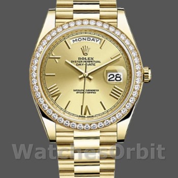 Replique Hommes Rolex Day-Date-228348RBR, 40mm, Champagne Cadran romain, Lunette diamantée, Hommes Champagne