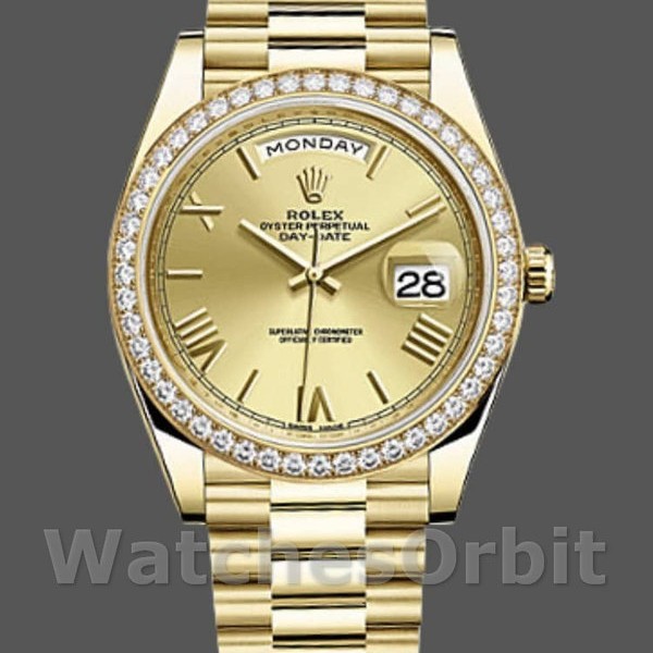 Replique Hommes Rolex Day-Date-228348RBR, 40mm, Champagne Cadran romain, Lunette diamantée, Hommes Champagne