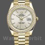 Replique Hommes Rolex Day-Date-228348RBR, 40mm, cadran argenté à motif diagonal, lunette diamantée, Argenté Hommes