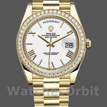 Replique Hommes Rolex Day-Date-228348RBR, 40mm, cadran romain blanc, lunette diamant, Hommes Blanc