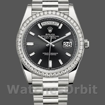 Replique Hommes Rolex Day-Date-228349RBR, 40mm, cadran noir, lunette diamant, Noir Hommes