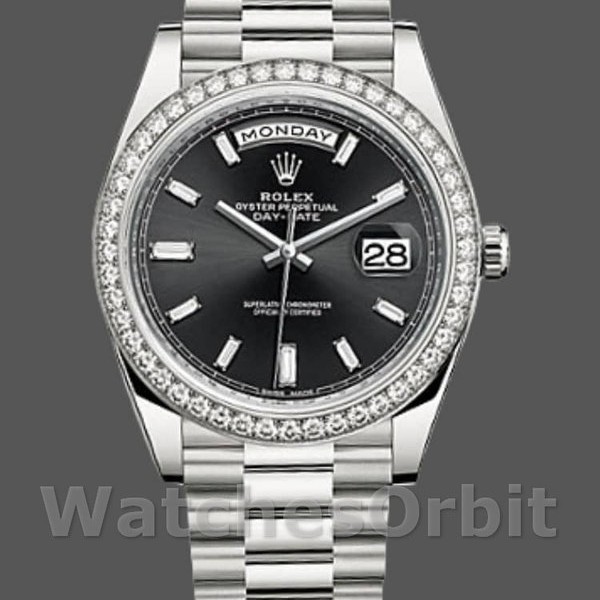 Replique Hommes Rolex Day-Date-228349RBR, 40mm, cadran noir, lunette diamant, Noir Hommes