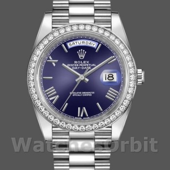 Replique Hommes - Rolex Day-Date-228349RBR, 40mm, cadran romain bleu, lunette diamant, Bleu Homme