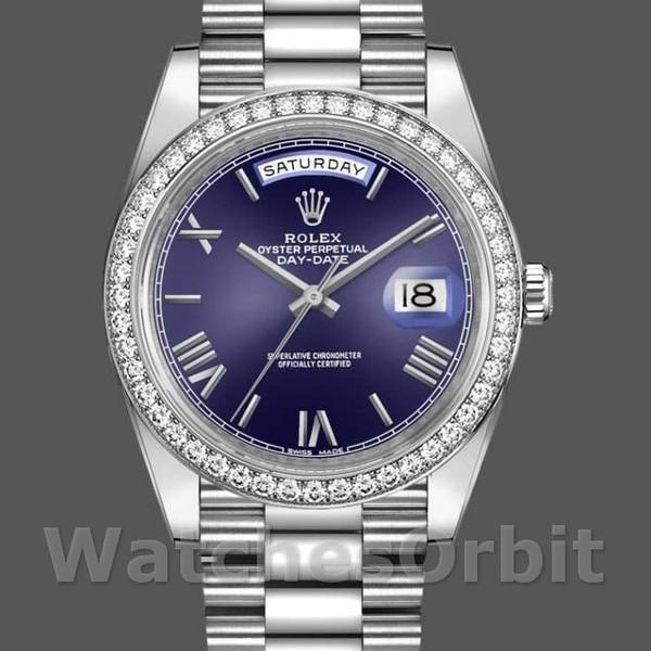 Replique Hommes - Rolex Day-Date-228349RBR, 40mm, cadran romain bleu, lunette diamant, Bleu Homme