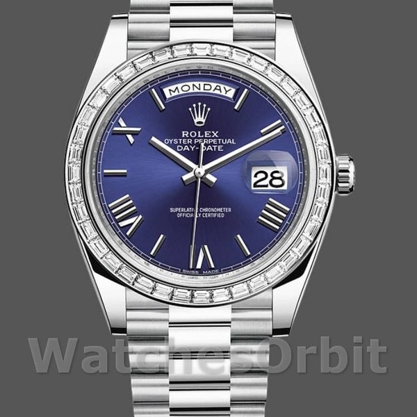 Replique Hommes Rolex Day-Date-228396TBR, 40mm, Cadran bleu, Platine, Lunette diamant, Bleu Homme