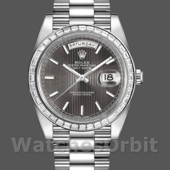 Replique Hommes Rolex Day-Date-228396TBR, 40mm, cadran gris rhodium foncé, lunette diamant, Gris Hommes