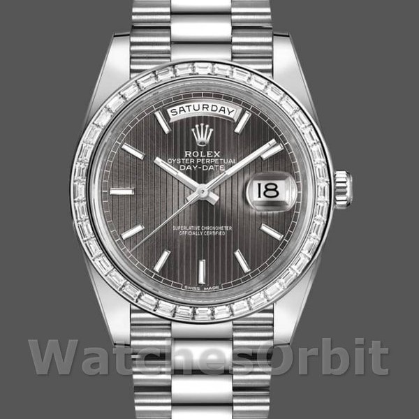 Replique Hommes Rolex Day-Date-228396TBR, 40mm, cadran gris rhodium foncé, lunette diamant, Gris Hommes