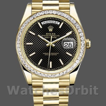 Replique Hommes Rolex Day-Date-228398TBR, 40mm, cadran noir à motifs diagonaux, lunette diamantée, Noir Hommes