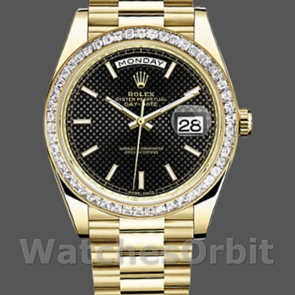 Replique Hommes Rolex Day-Date-228398TBR, 40mm, cadran noir à motifs diagonaux, lunette diamantée, Noir Hommes