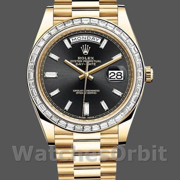 Replique Hommes Rolex Day-Date-228398TBR, 40mm, cadran diamant noir, lunette diamant, Noir Hommes
