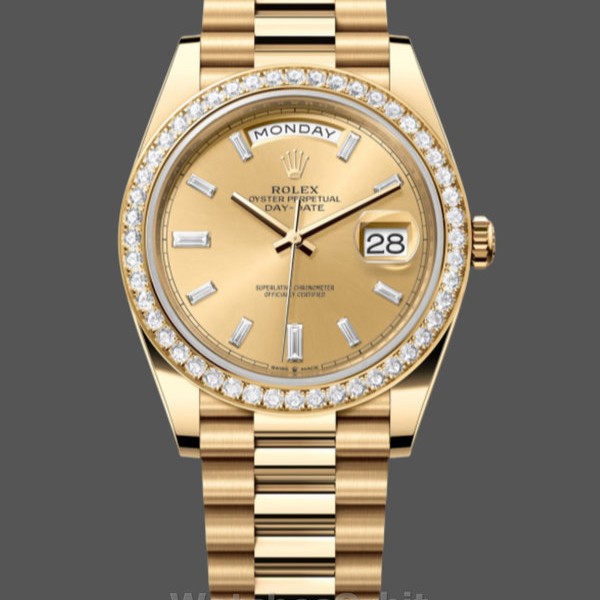 Replique Hommes Rolex Day-Date-228398TBR, 40mm, Champagne Cadran diamanté, Lunette diamantée, Hommes Champagne