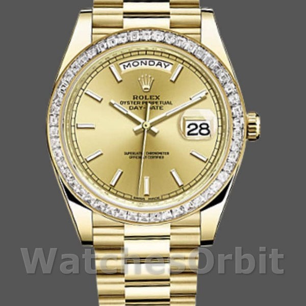Replique Hommes Rolex Day-Date-228398TBR, 40mm, Champagne Cadran index, Lunette diamant, Hommes Champagne