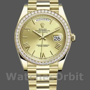 Replique Hommes Rolex Day-Date-228398TBR, 40mm, Champagne Cadran chiffres romains, Lunette diamant, Hommes Champagne