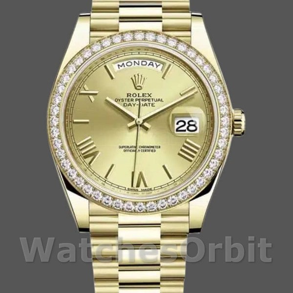 Replique Hommes Rolex Day-Date-228398TBR, 40mm, Champagne Cadran chiffres romains, Lunette diamant, Hommes Champagne