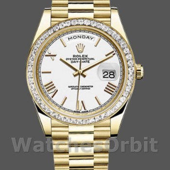 Replique Hommes Rolex Day-Date-228398TBR, 40mm, cadran blanc à chiffres romains, lunette diamantée, Hommes Blanc