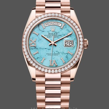 Replique Rolex Day-Date 36-m128345rbr 0064, or rose, cadran romain turquoise serti de diamants, lunette diamantée cadran turquoise, pour femme