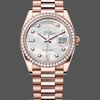 Replique Rolex Day-Date 36mm Unisex-128345RBR 0028-Cadran blanc nacré-or Everose MOP pour unisexe